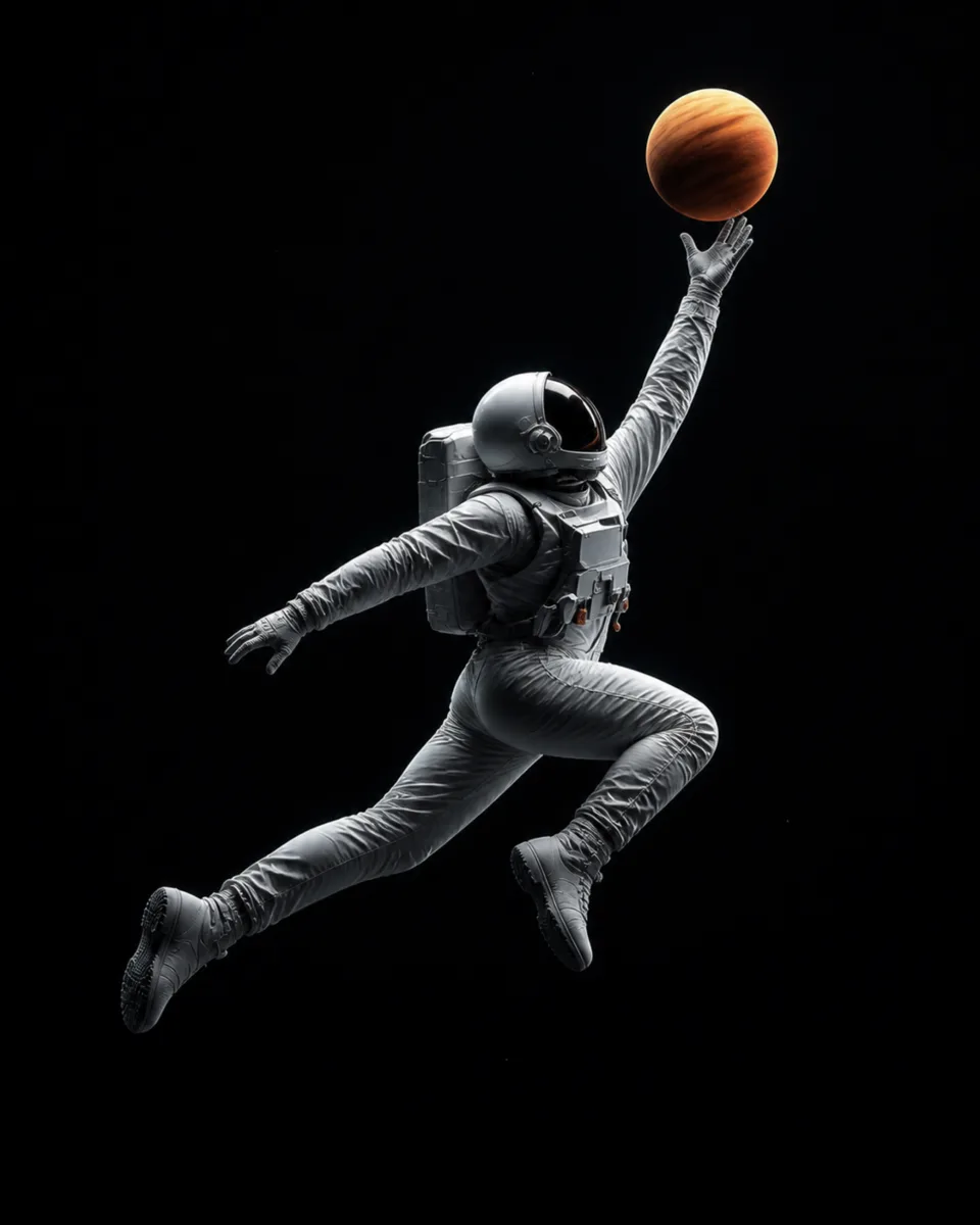 An astronaut leaps to dunk a small orange planet like a basketball, dark version
