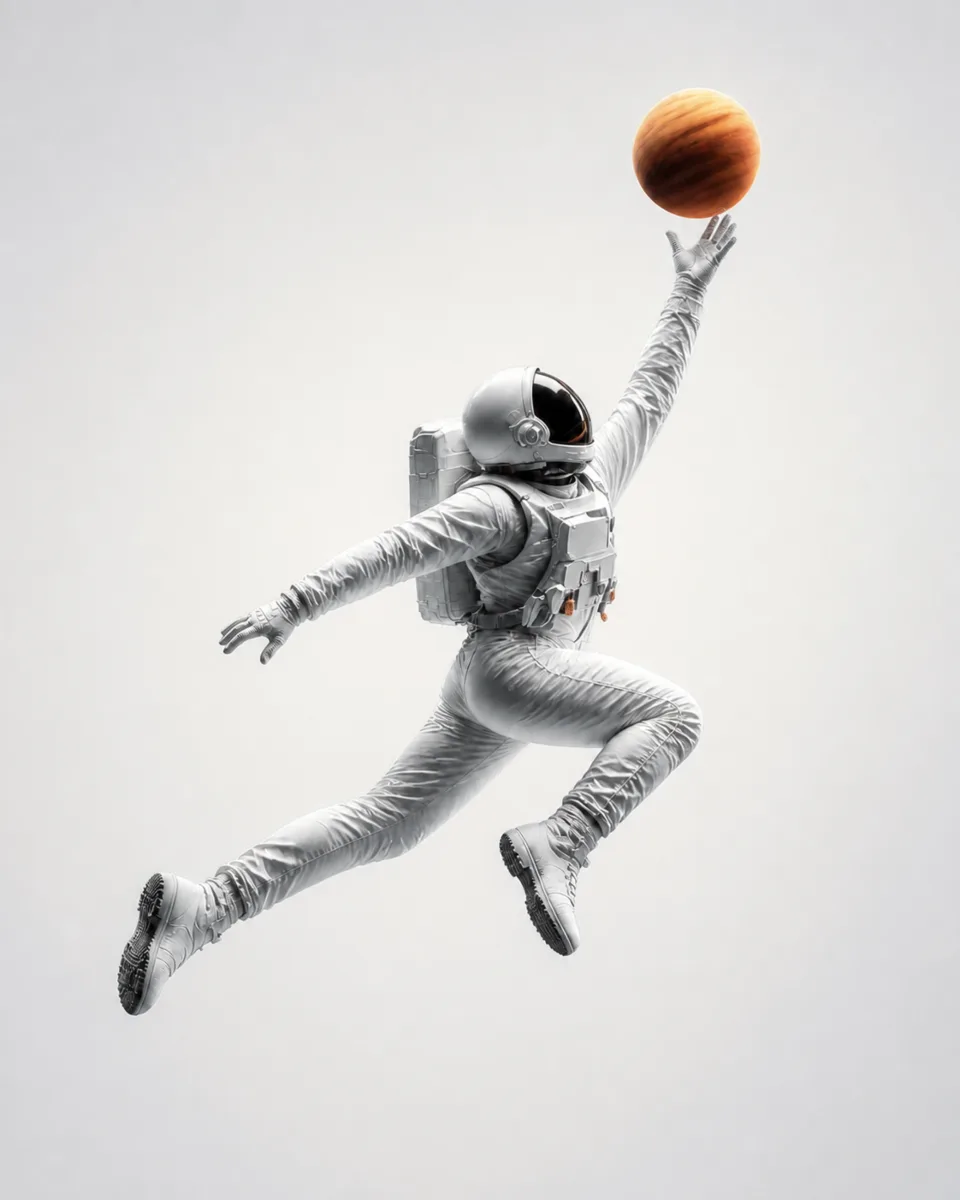 An astronaut leaps to dunk a small orange planet like a basketball, light version