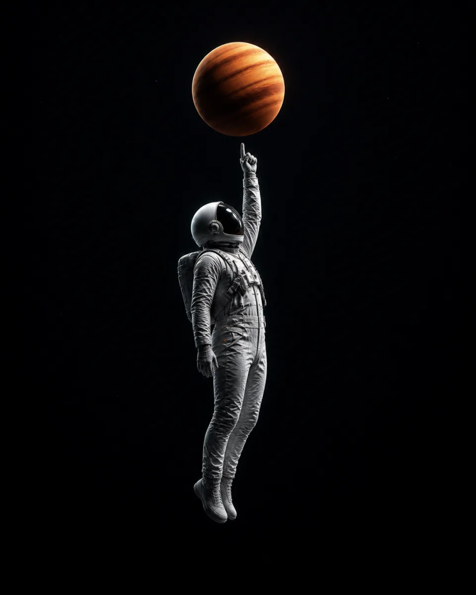 An astronaut stands on tiptoe, holding a small orange planet overhead, dark version