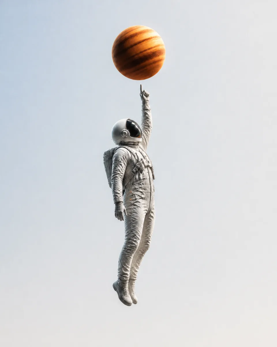 An astronaut stands on tiptoe, holding a small orange planet overhead, light version