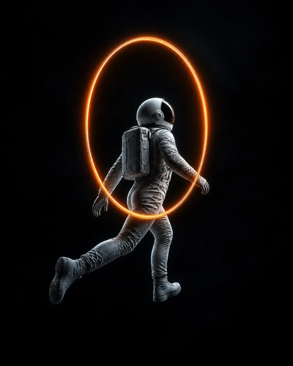 An astronaut steps through a glowing orange ring, dark version