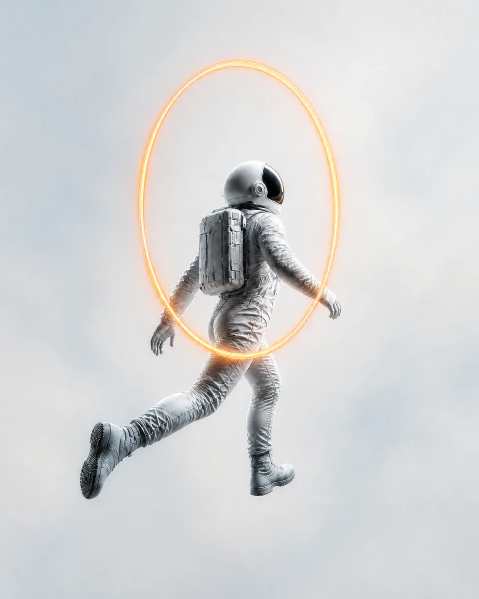 An astronaut steps through a glowing orange ring, light version