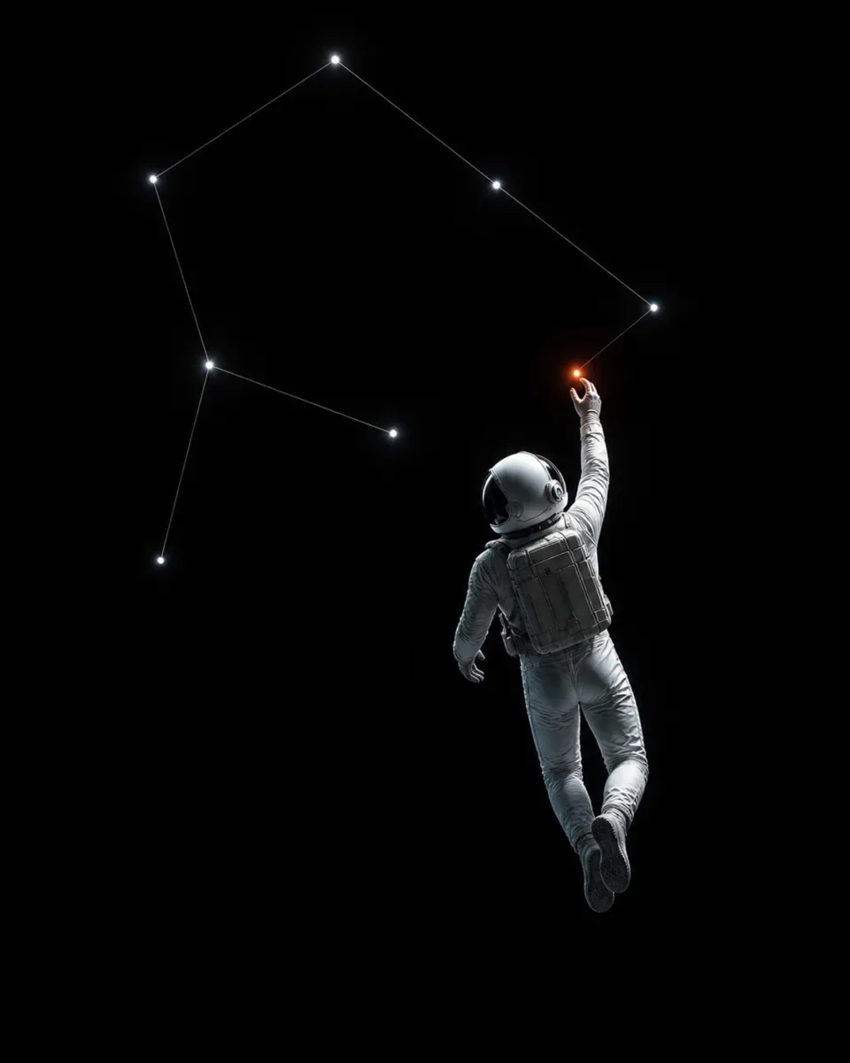 An astronaut joins stars into a constellation with one fingertip, dark version