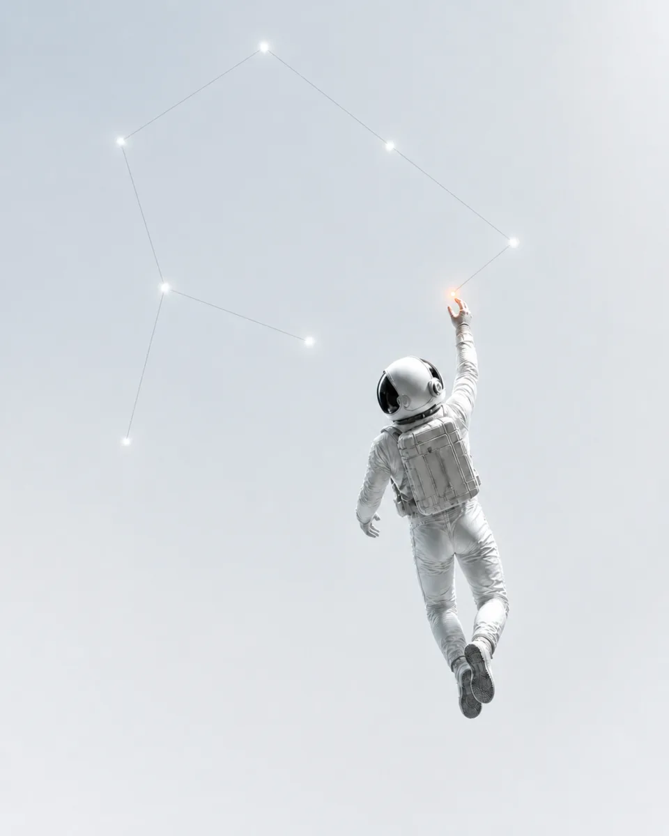 An astronaut joins stars into a constellation with one fingertip, light version