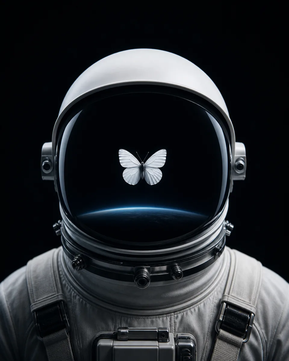 A white butterfly reflected in the black visor of an astronaut helmet, dark version