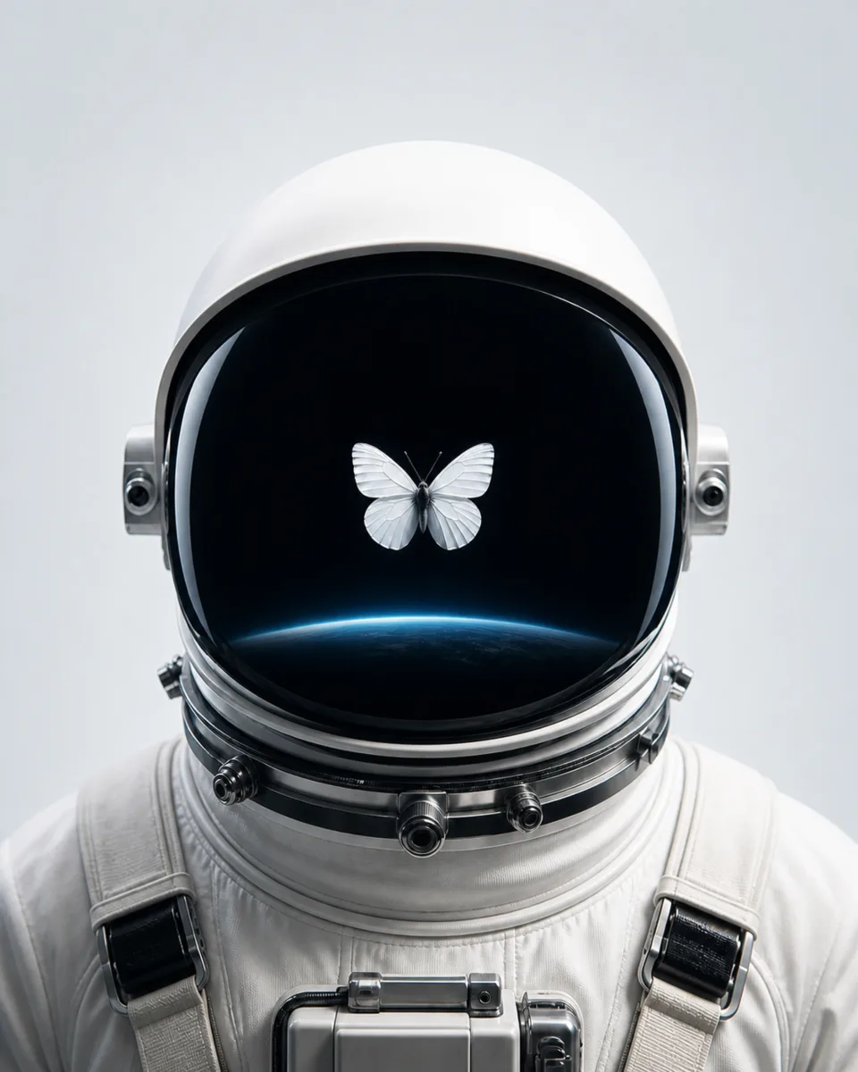 A white butterfly reflected in the black visor of an astronaut helmet, light version