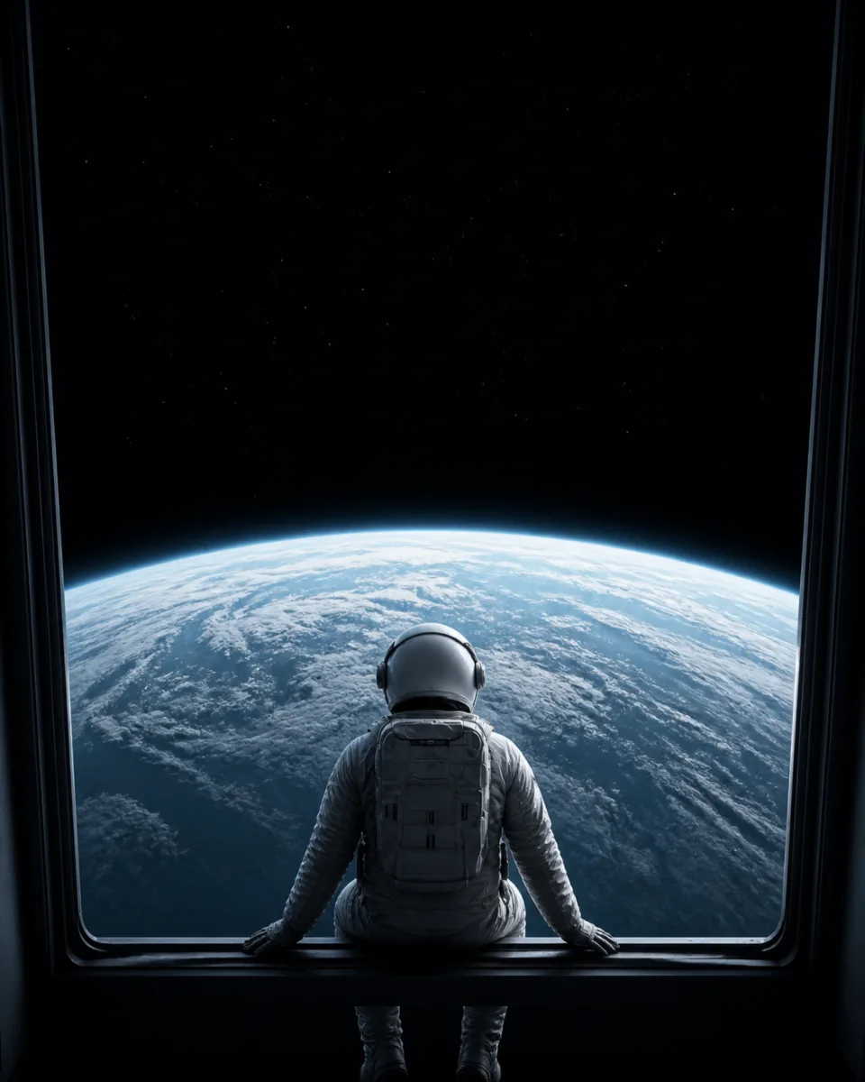 An astronaut sits at a tall window, looking down at Earth, dark version