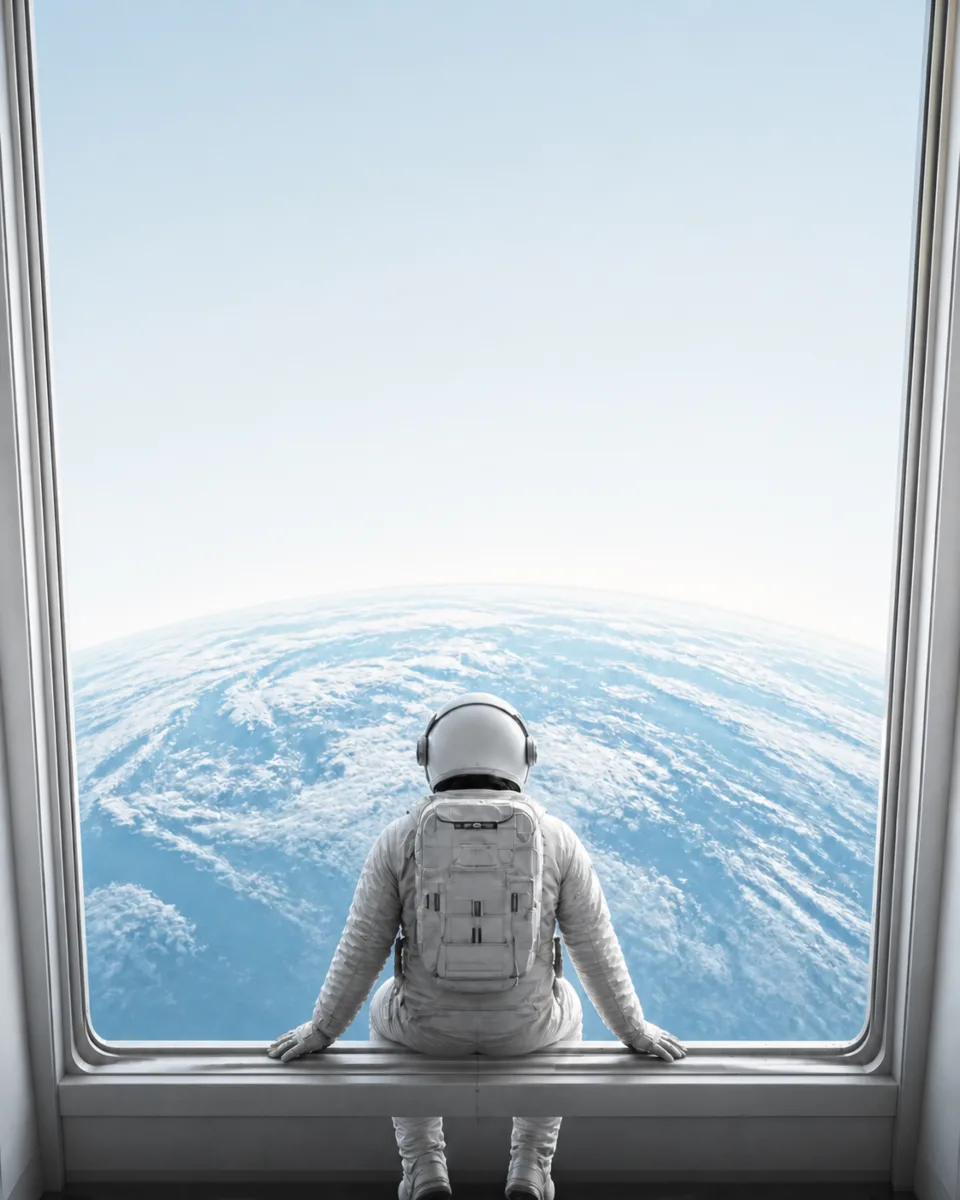 An astronaut sits at a tall window, looking down at Earth, light version