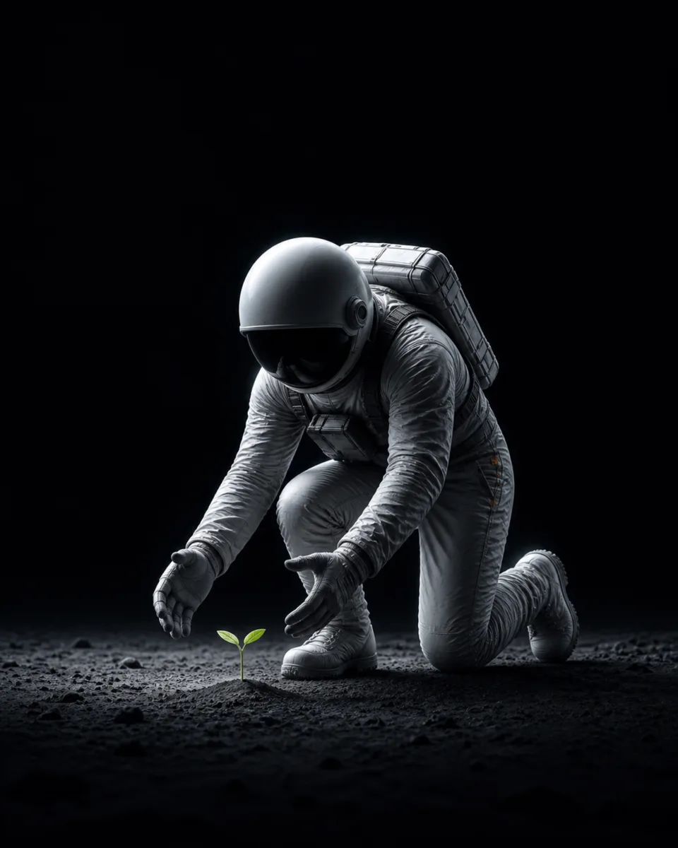 An astronaut kneels on the Moon, tending a small green sprout, dark version