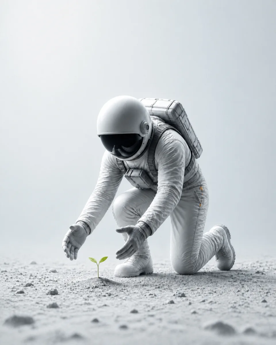 An astronaut kneels on the Moon, tending a small green sprout, light version