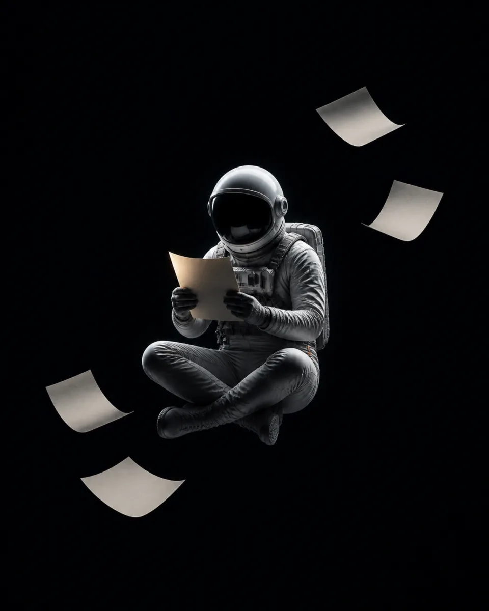An astronaut floats cross-legged, reading while loose pages drift around, dark version