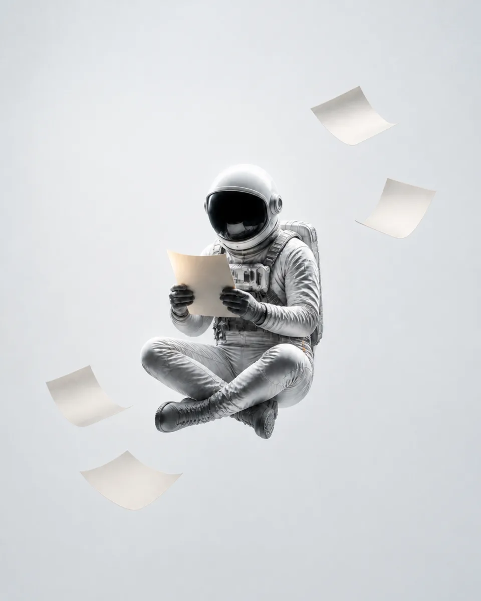An astronaut floats cross-legged, reading while loose pages drift around, light version