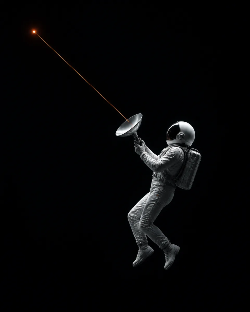An astronaut holds a small dish toward a thin orange signal line, dark version