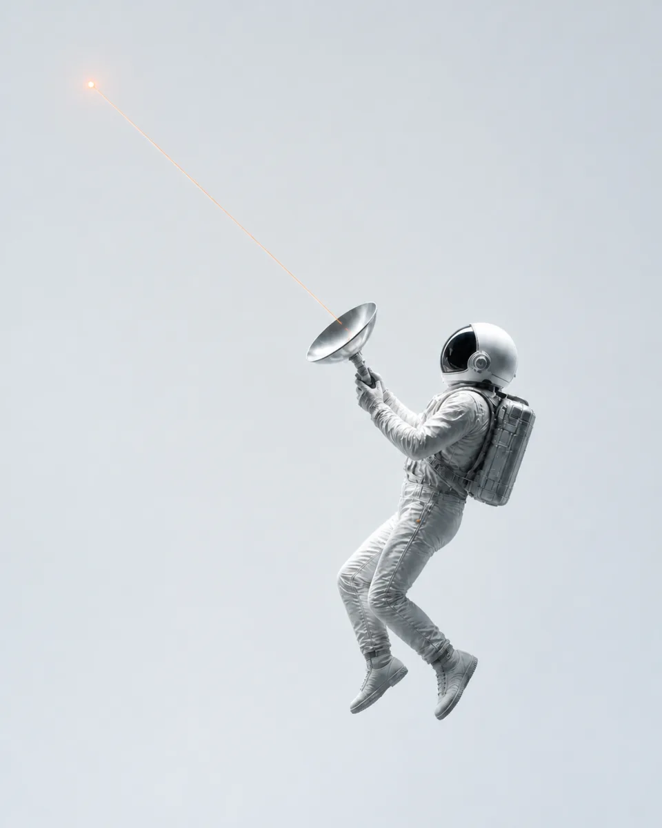 An astronaut holds a small dish toward a thin orange signal line, light version