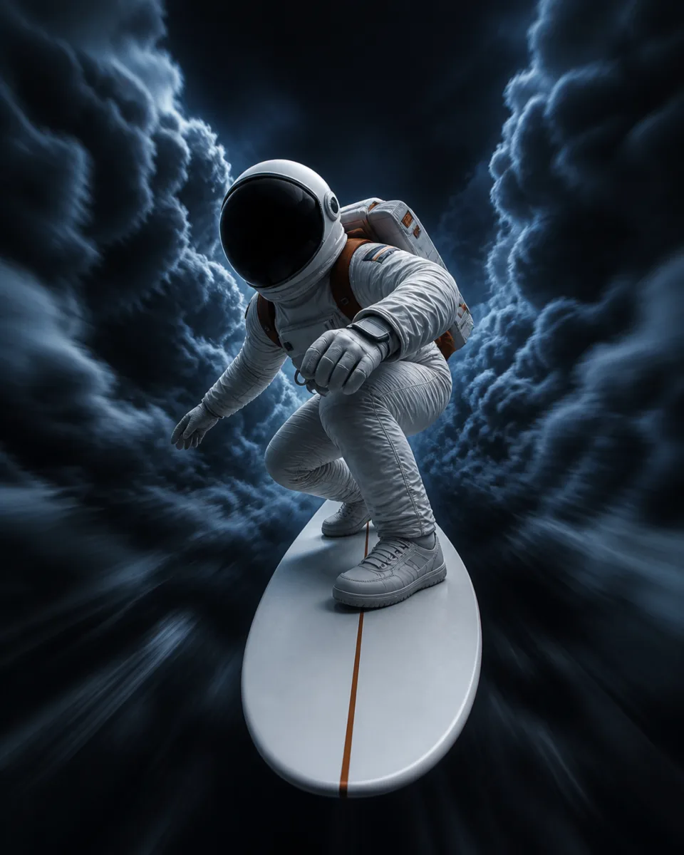 An astronaut surfs a white board through towering storm clouds, dark version