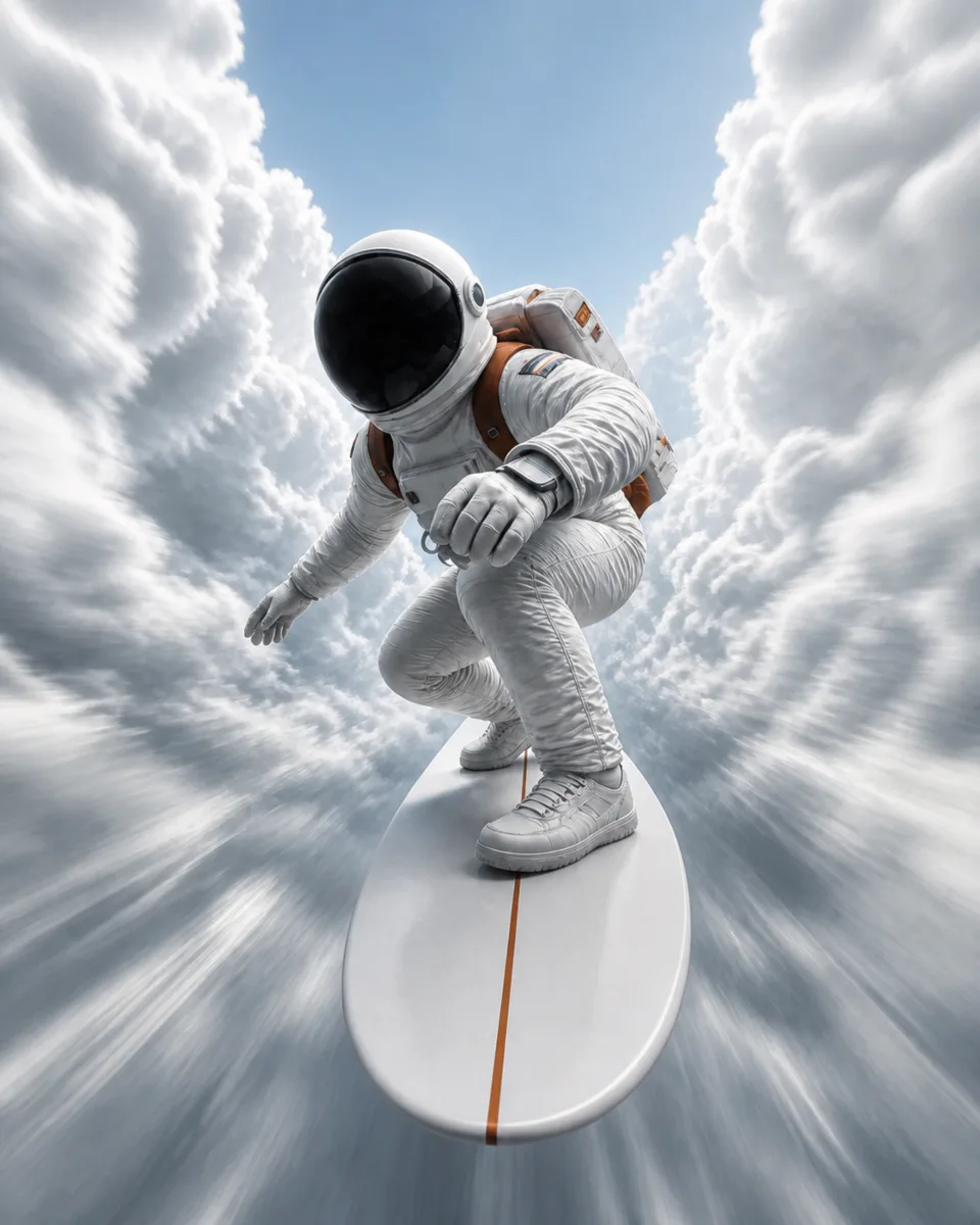 An astronaut surfs a white board through towering storm clouds, light version
