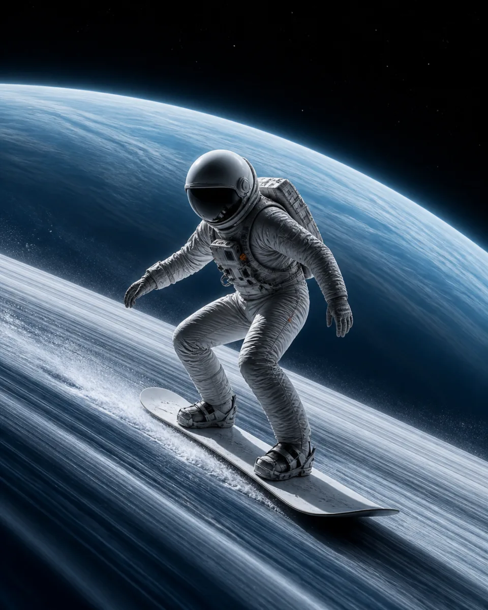 An astronaut snowboards down the ring of a planet, dark version