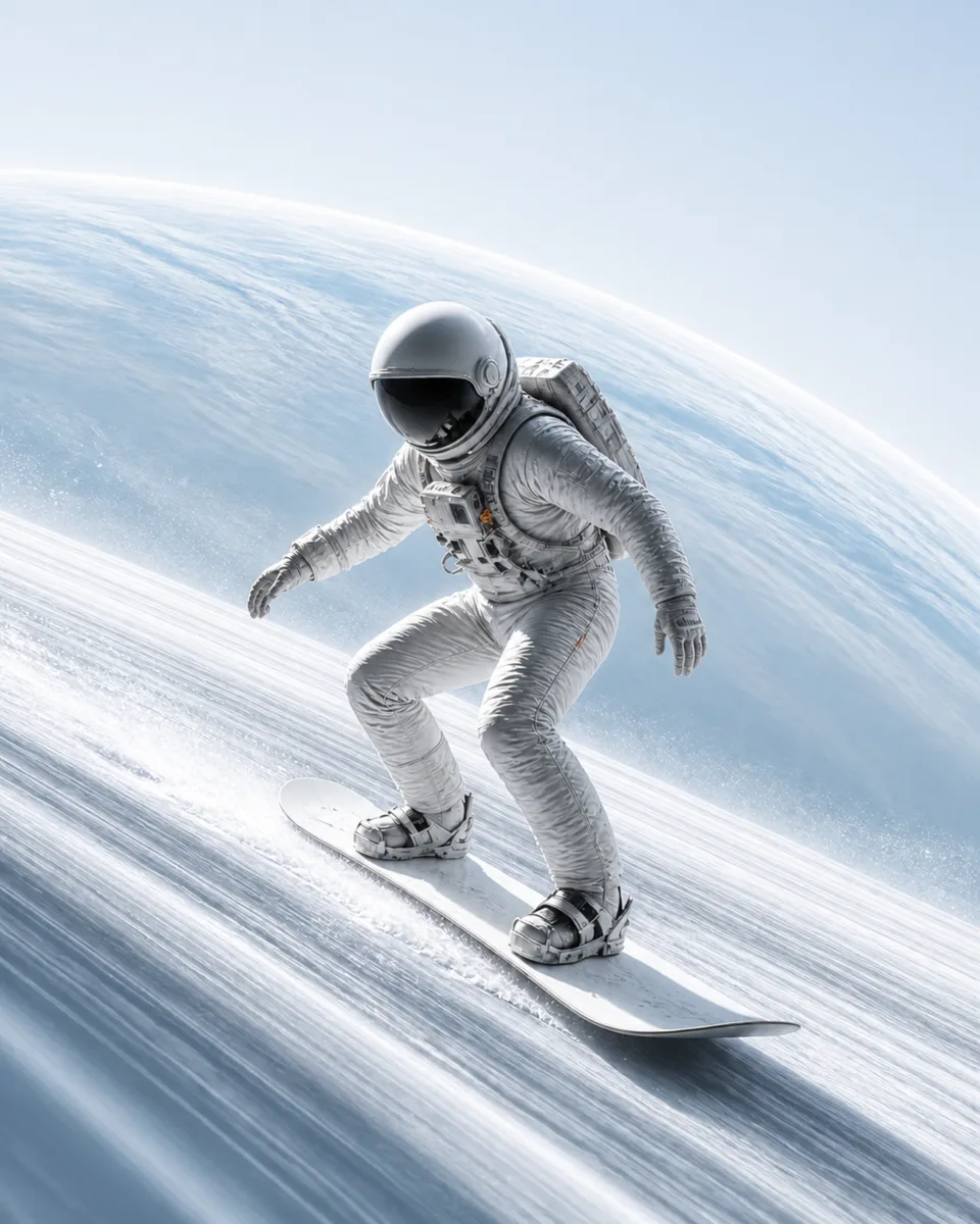 An astronaut snowboards down the ring of a planet, light version