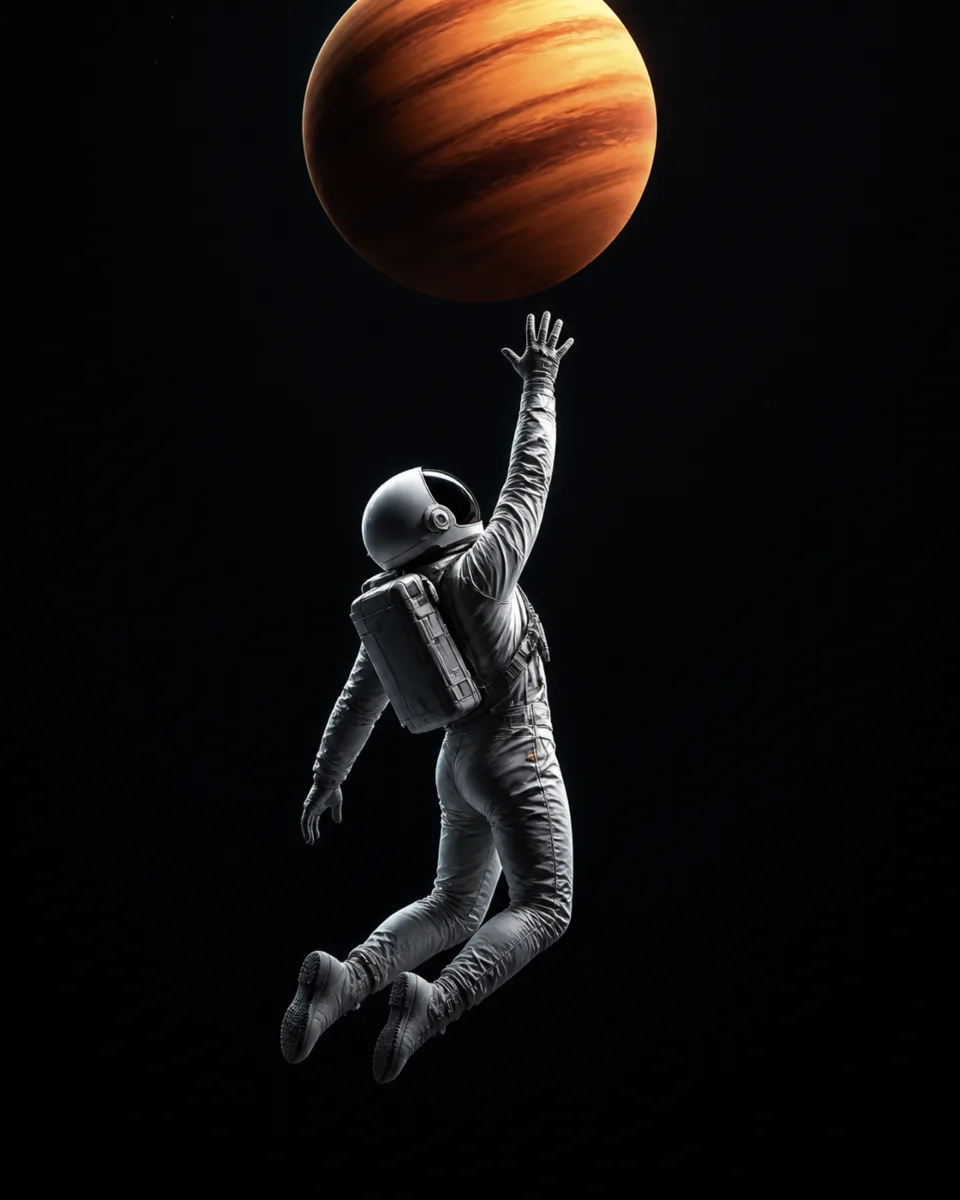 An astronaut leaps upward to touch a large orange planet, dark version
