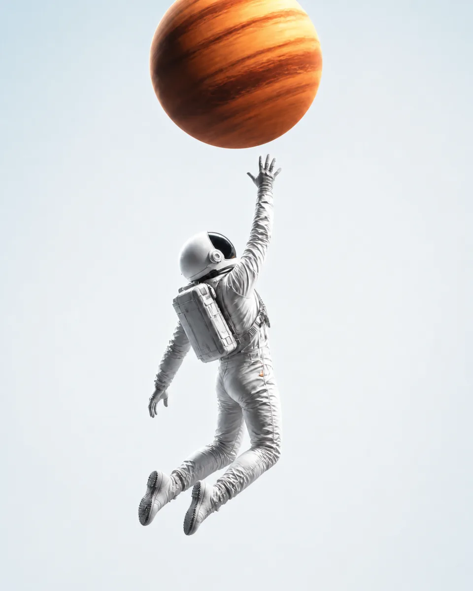 An astronaut leaps upward to touch a large orange planet, light version