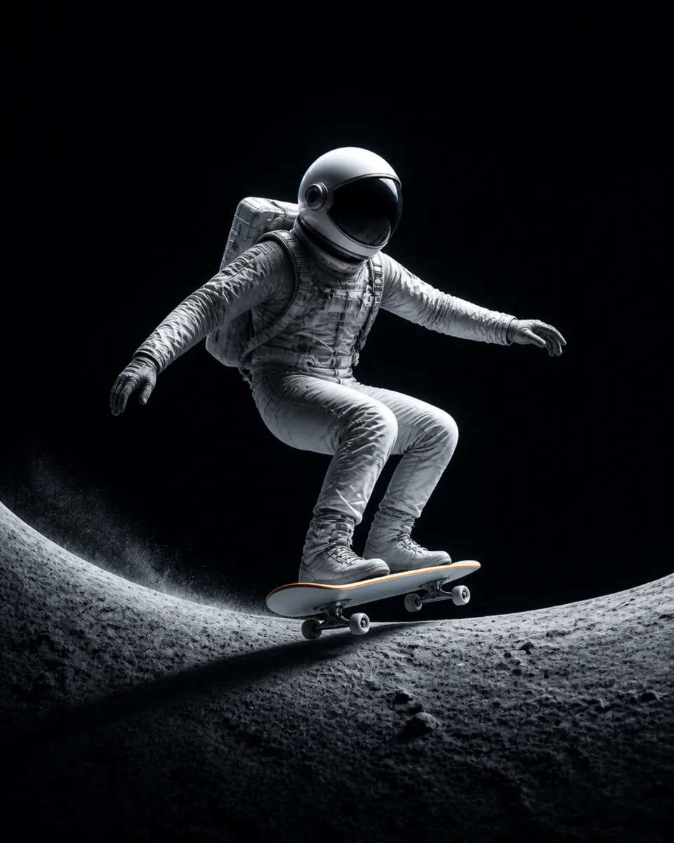 An astronaut rides a skateboard along a lunar ridge, dark version