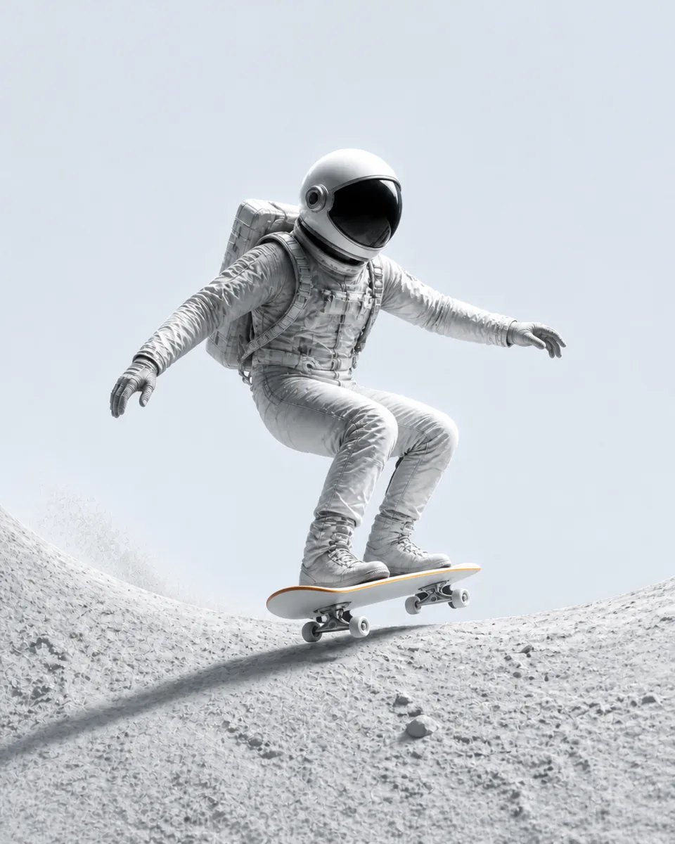 An astronaut rides a skateboard along a lunar ridge, light version