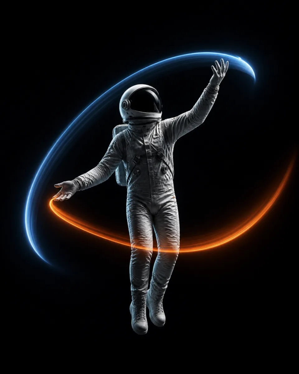An astronaut conducts sweeping ribbons of blue and orange light, dark version
