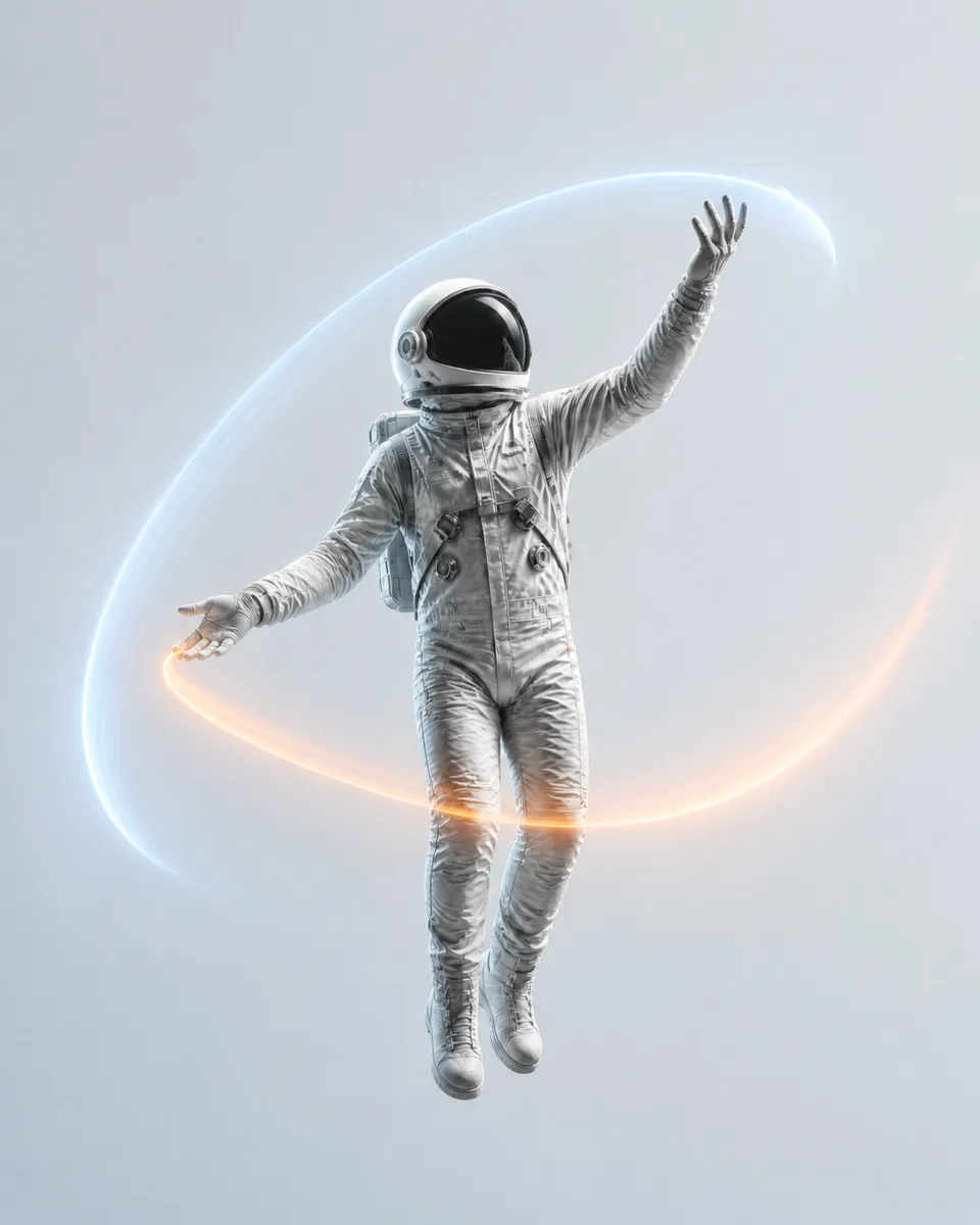 An astronaut conducts sweeping ribbons of blue and orange light, light version
