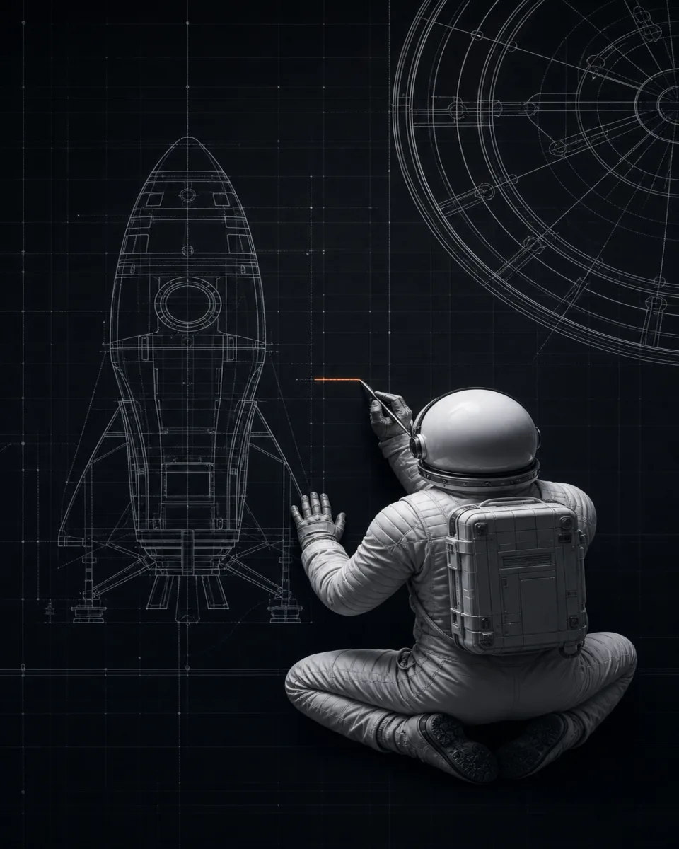 An astronaut sits drawing in front of a large rocket blueprint, dark version