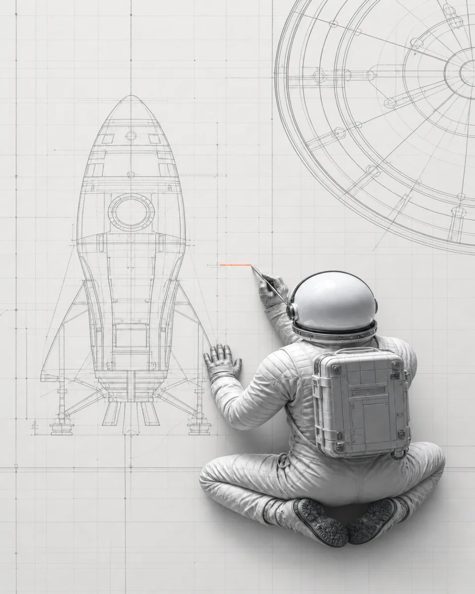 An astronaut sits drawing in front of a large rocket blueprint, light version