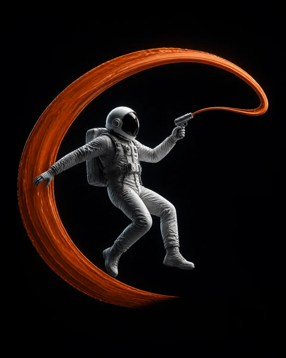An astronaut paints a wide orange arc across space, dark version