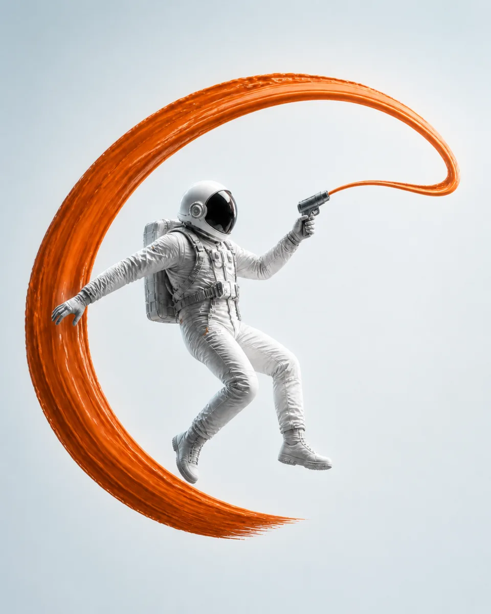An astronaut paints a wide orange arc across space, light version