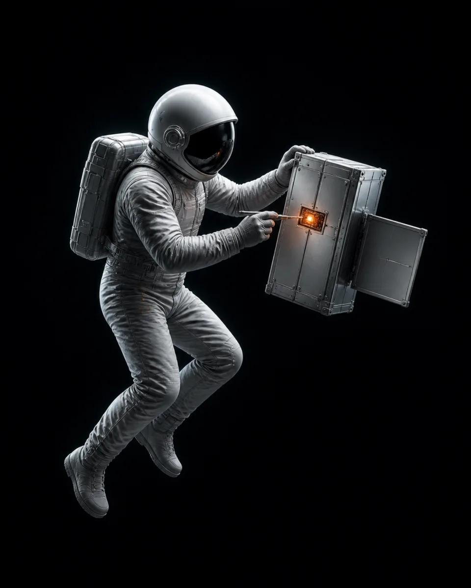 An astronaut repairs a floating equipment module, dark version