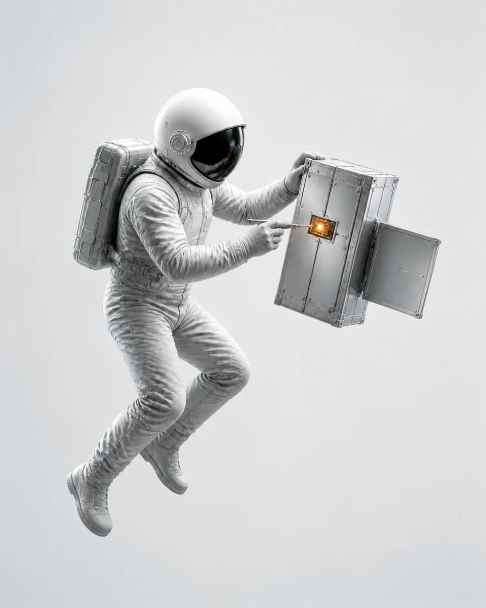 An astronaut repairs a floating equipment module, light version