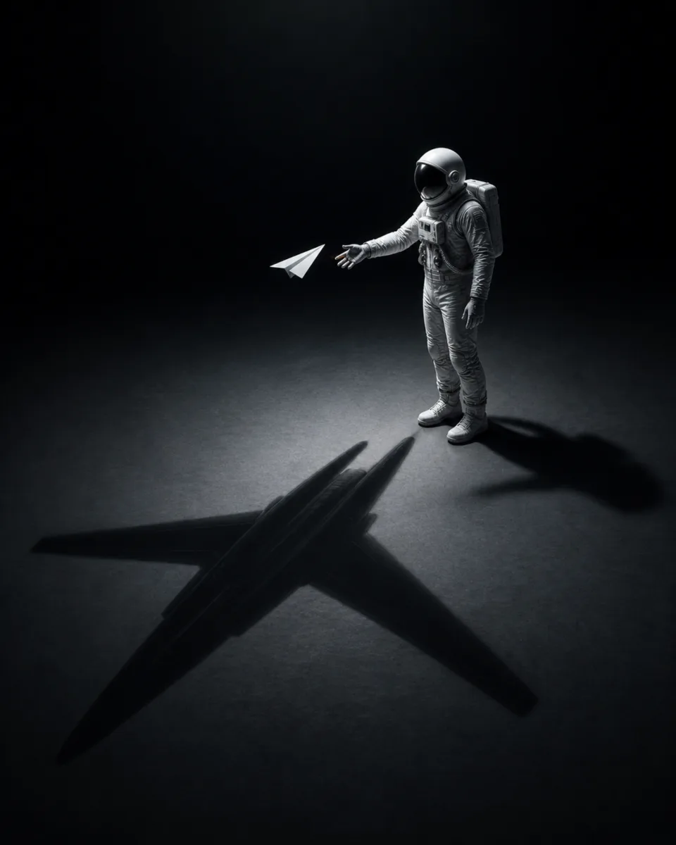 An astronaut launches a paper plane that casts the shadow of a jet, dark version