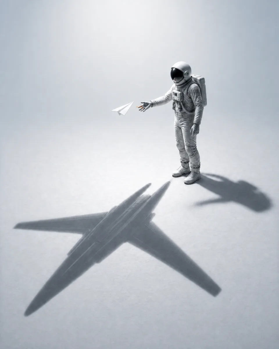 An astronaut launches a paper plane that casts the shadow of a jet, light version